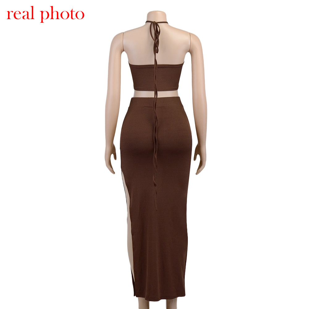 Cryptographic Bandage Cut Out Sexy Halter Neck Top and Skirts Set Gathered Elegant