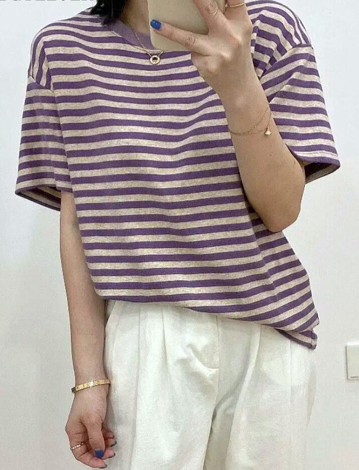 Casual O-neck Women Striped T-shirts Spring Summer Short Sleeve Loose Female Tops