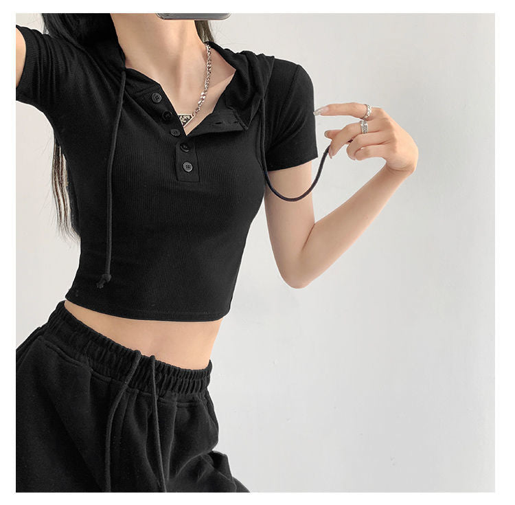 Fashion Hooded T-shirts Women Summer Tight Short Sleeve Y2k Tees Gray Crop Tops Female