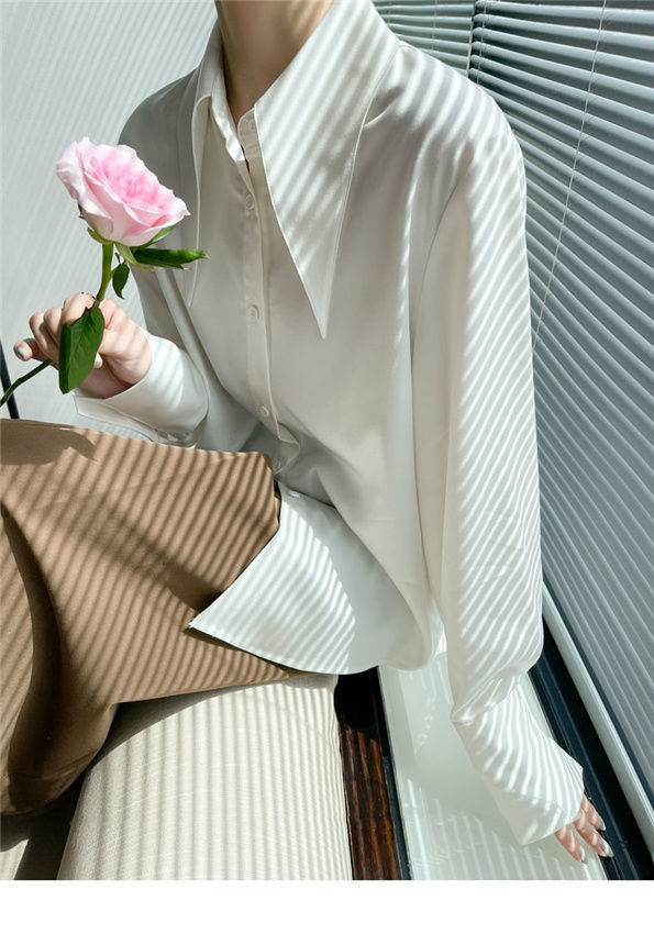 Big Pointed Collar White Blouses For Women Vintage Loose Long Sleeve Shirt
