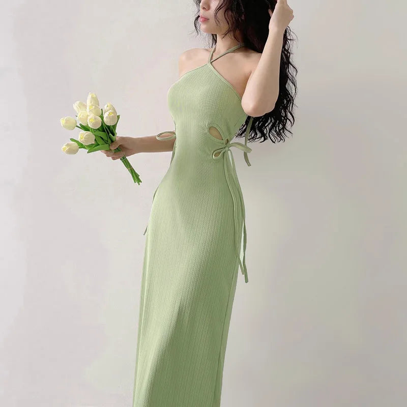 Knitted Long Sleeve Slim Mini Fairycore Slash Neck Dress