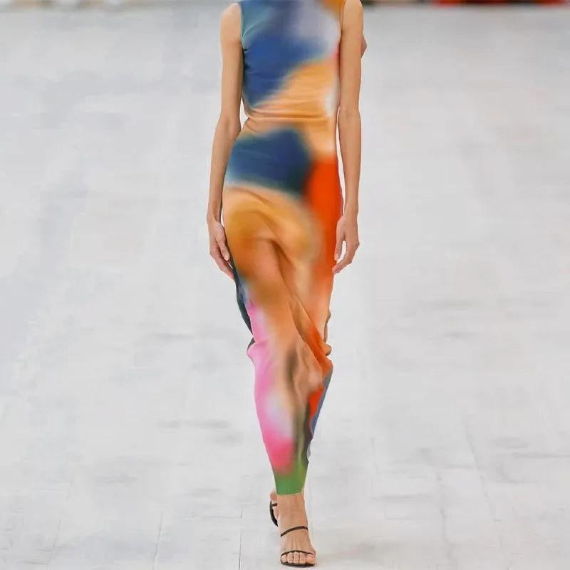 Tie Dye Print Ribbed Midi Dress Bodycon Side Slit Y2K