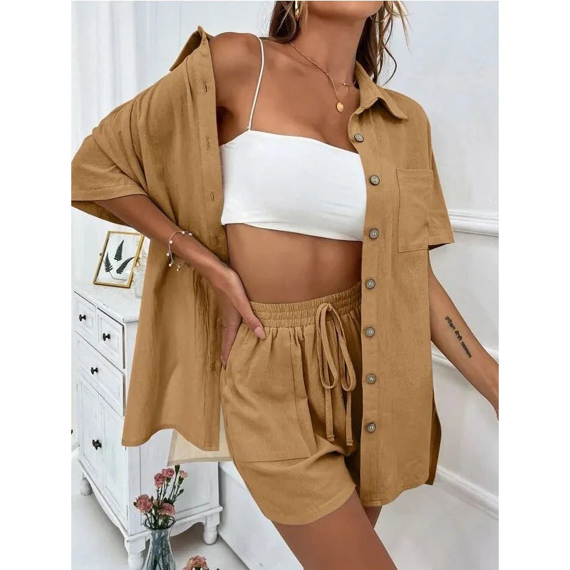 Solid Color Casual Loose Short Pants Sets For Women