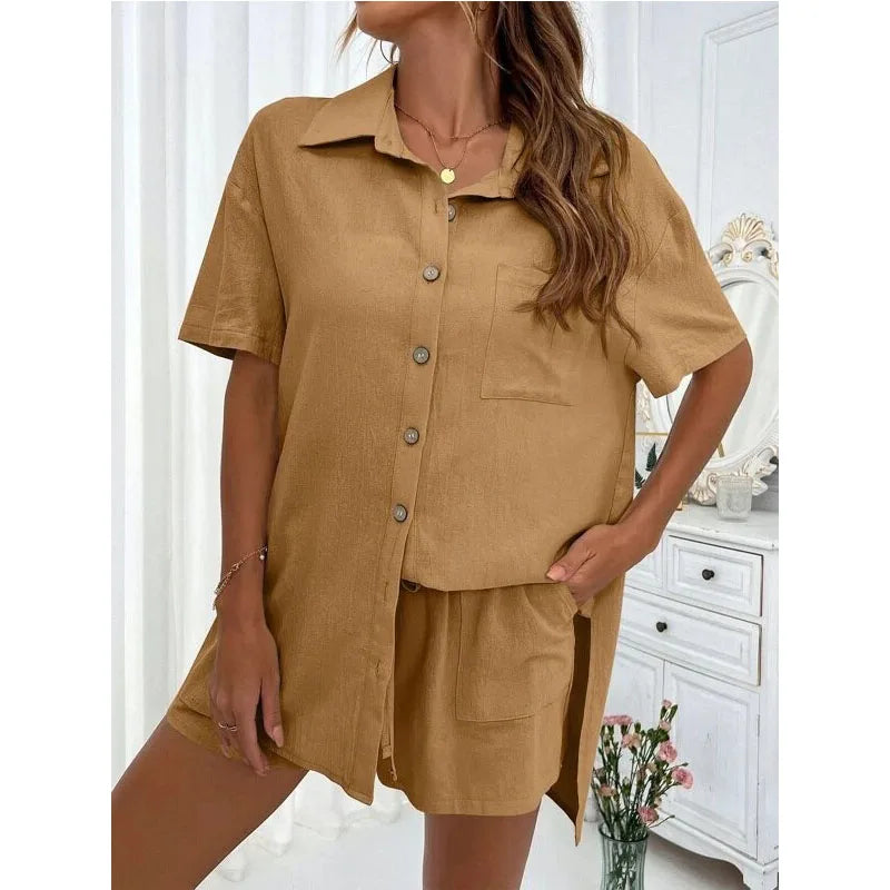 Solid Color Casual Loose Short Pants Sets For Women