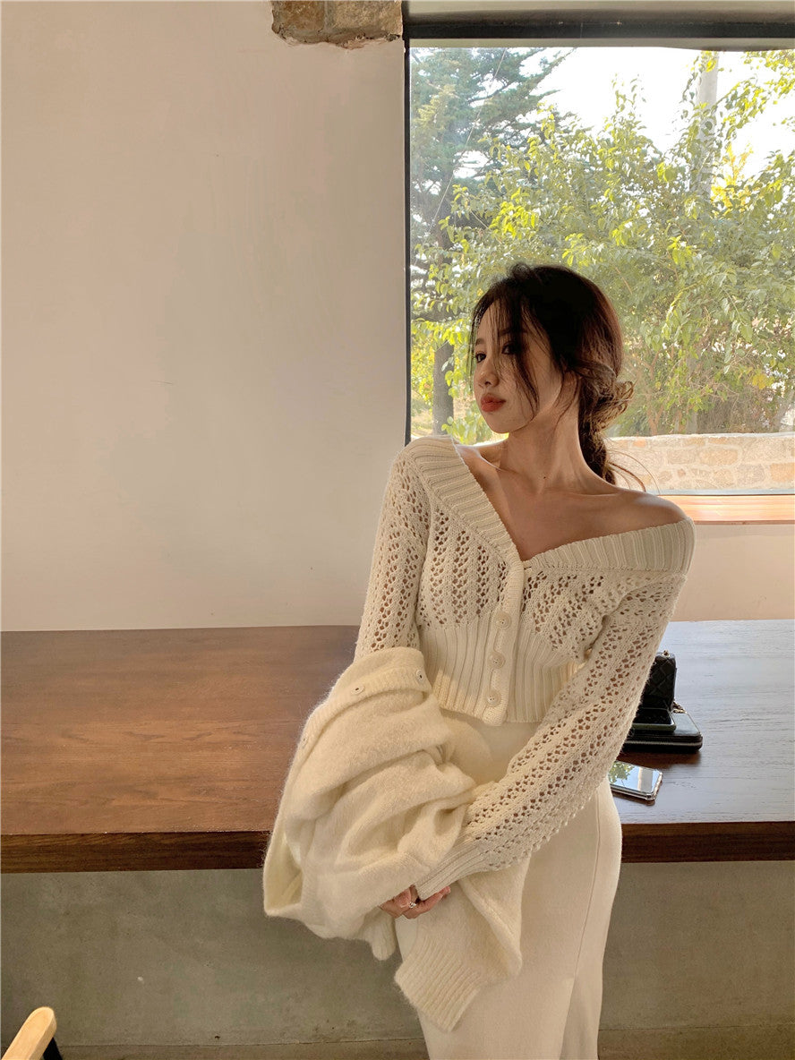 Women Hollow Sweater Cardigan Outerwear V Neck Button Knitted Tops Jackets
