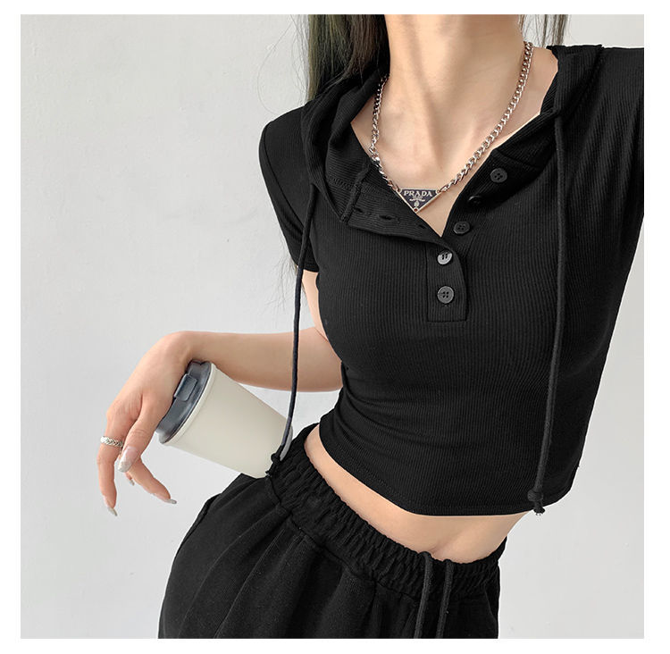 Fashion Hooded T-shirts Women Summer Tight Short Sleeve Y2k Tees Gray Crop Tops Female