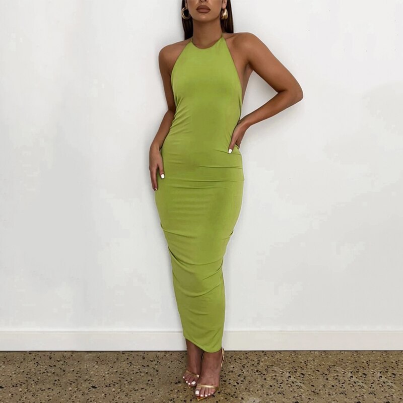 Halter Bandage Sleeveless Backless Shirring Draped Maxi Dress Sexy Streetwear