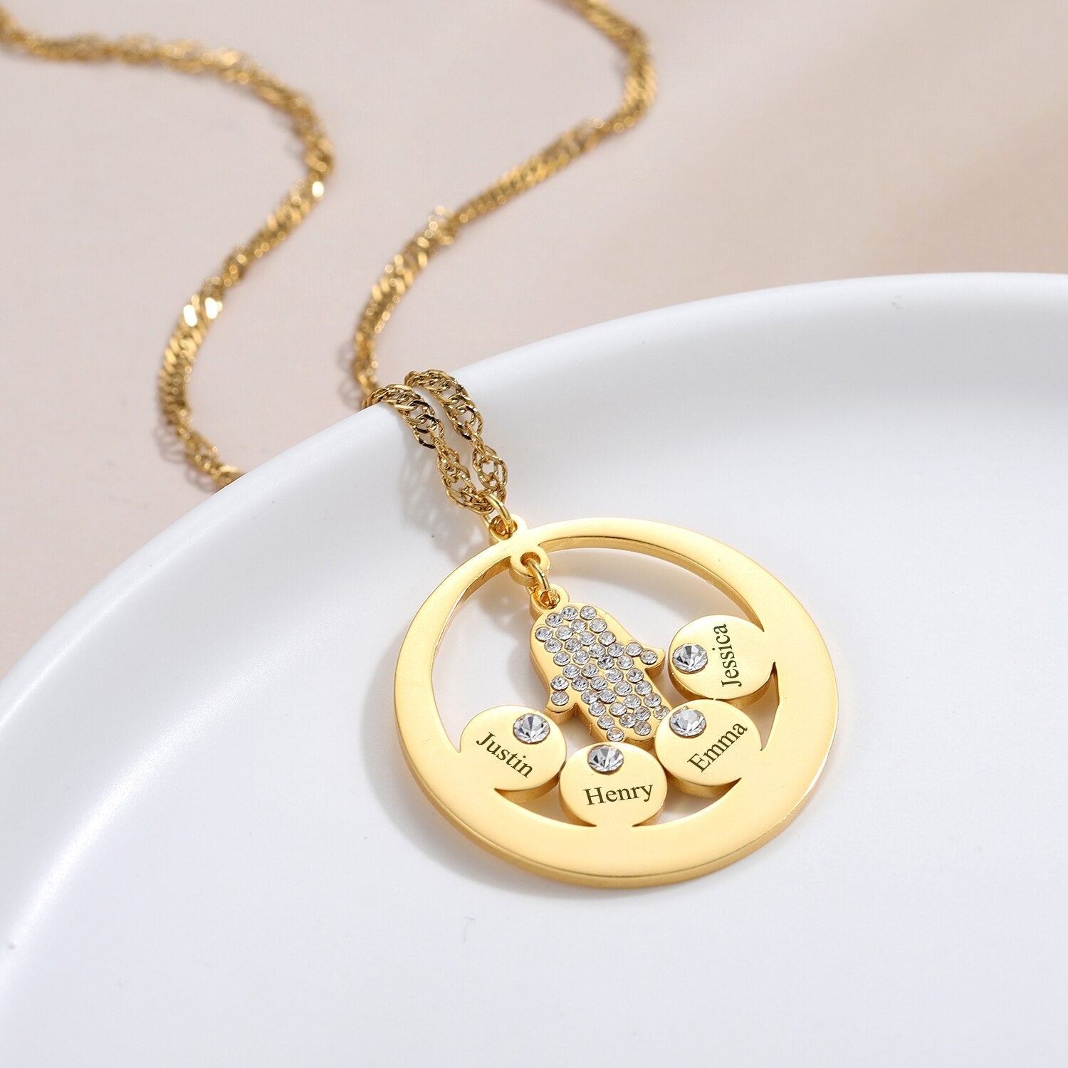 Round Family Name Necklace Hamsa Hand Stainless Steel Necklace Zircon Evil Eye Fatma&