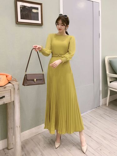 O-neck Long Sleeve A-line Dress Office Lady Pleated Maxi Dress