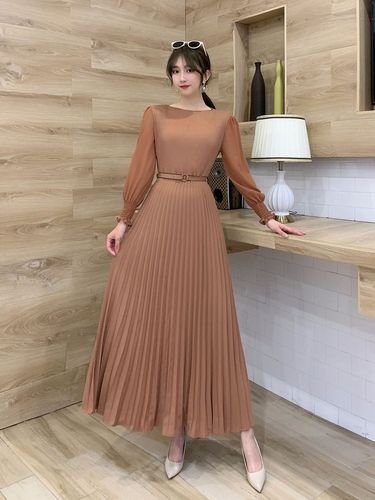 O-neck Long Sleeve A-line Dress Office Lady Pleated Maxi Dress