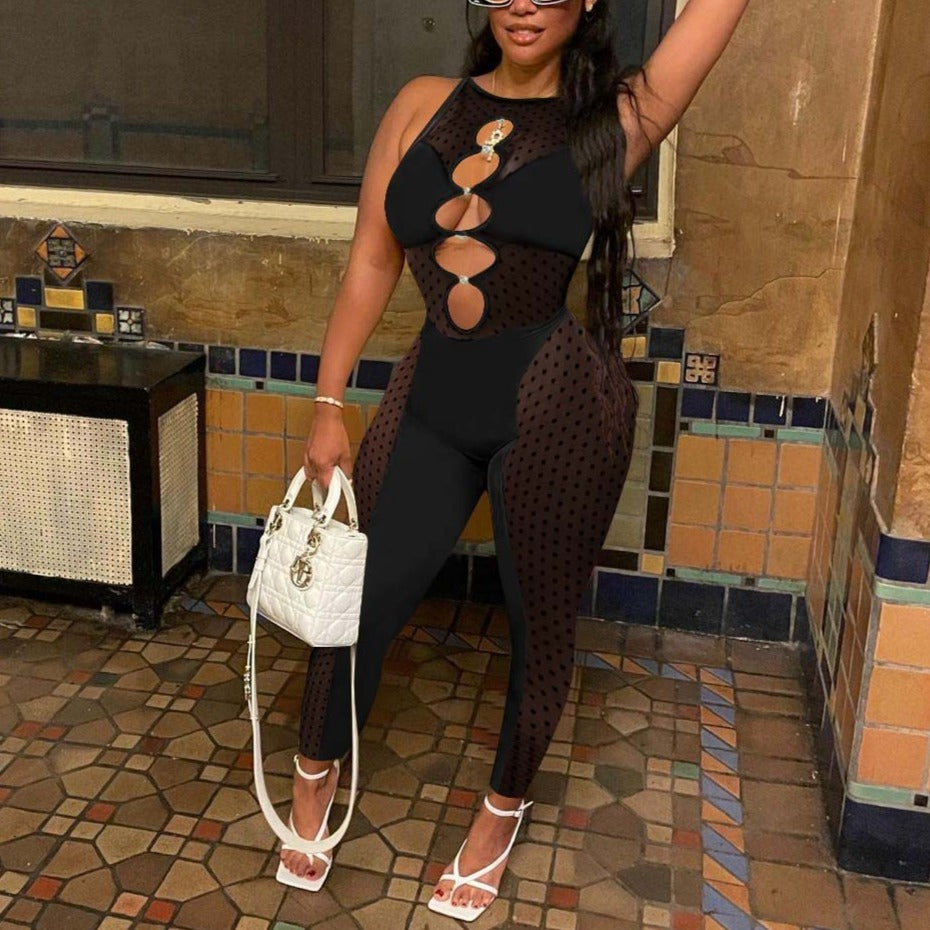 Mesh Women Sleeveless Jumpsuit Skinny Sexy Streetwear Sportswear Long pant Rompers 2022 Summer