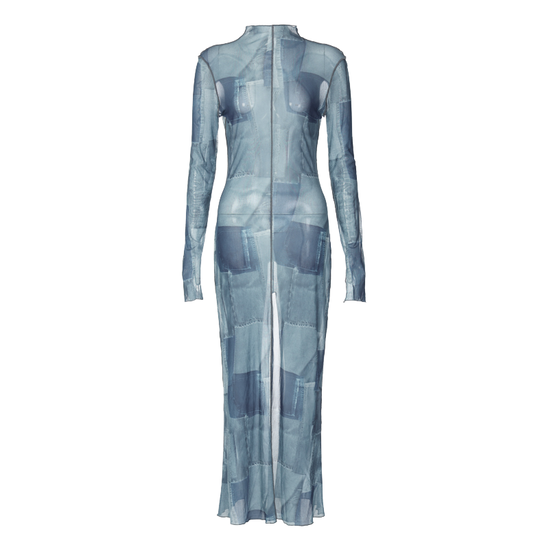 Mesh O Neck Long Flare Sleeve Print Slit Vintage Sexy Bodycon Maxi Dress
