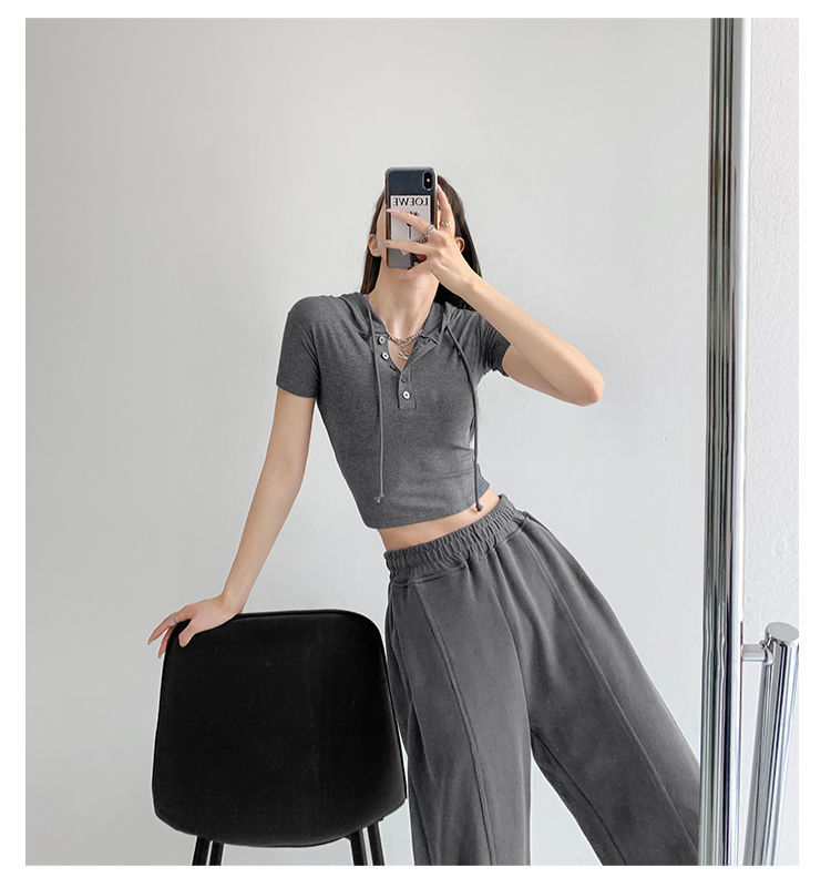 Fashion Hooded T-shirts Women Summer Tight Short Sleeve Y2k Tees Gray Crop Tops Female
