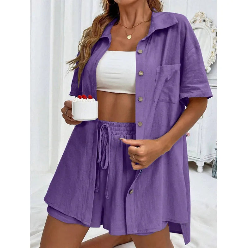 Solid Color Casual Loose Short Pants Sets For Women