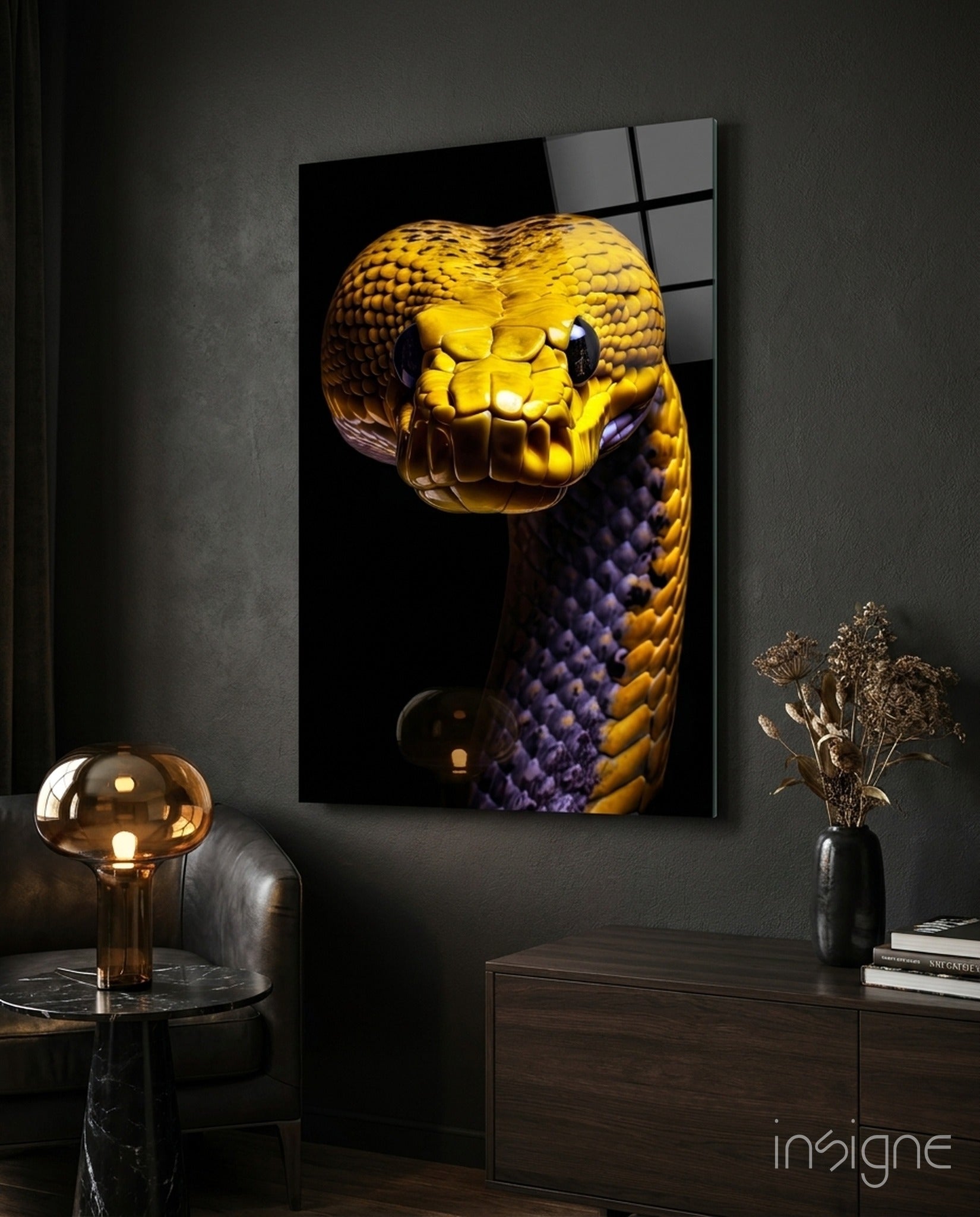 Golden Headed Snake Glass Wall Art || Designer Collection
