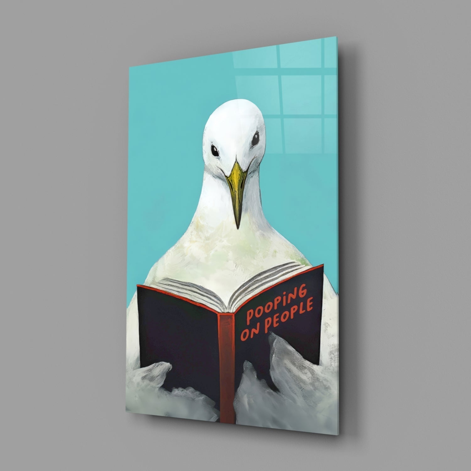Turquoise Backdrop Seagull Reading Book Glass Wall Art
