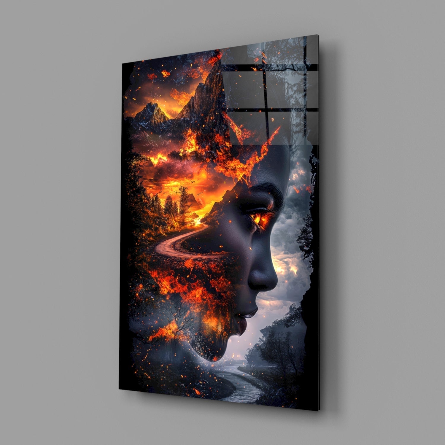 Fiery Valley Double Exposure Face Glass Wall Art