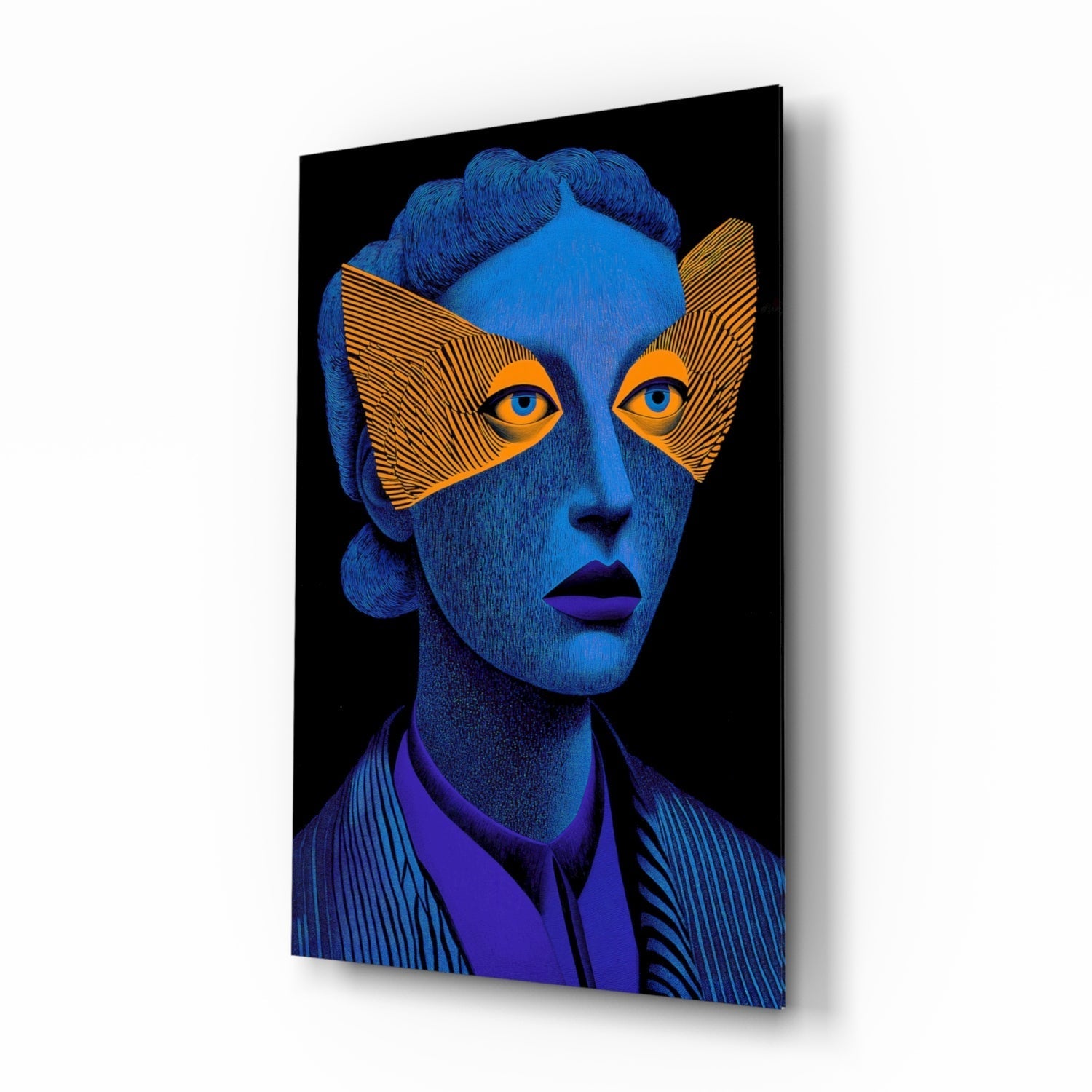 Blue Portrait Orange Geometric Eye Mask Glass Wall Art