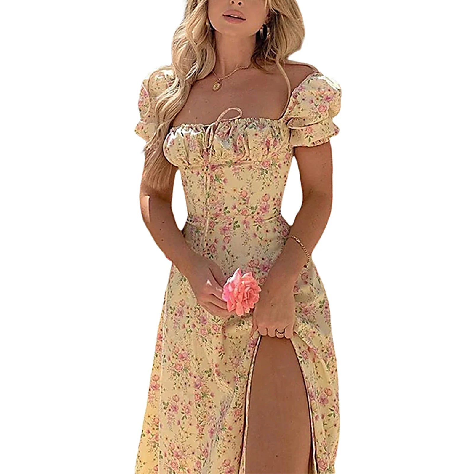 Puff Short Sleeves Lace Up Chest Floral Printed High Splitting Long Skirt