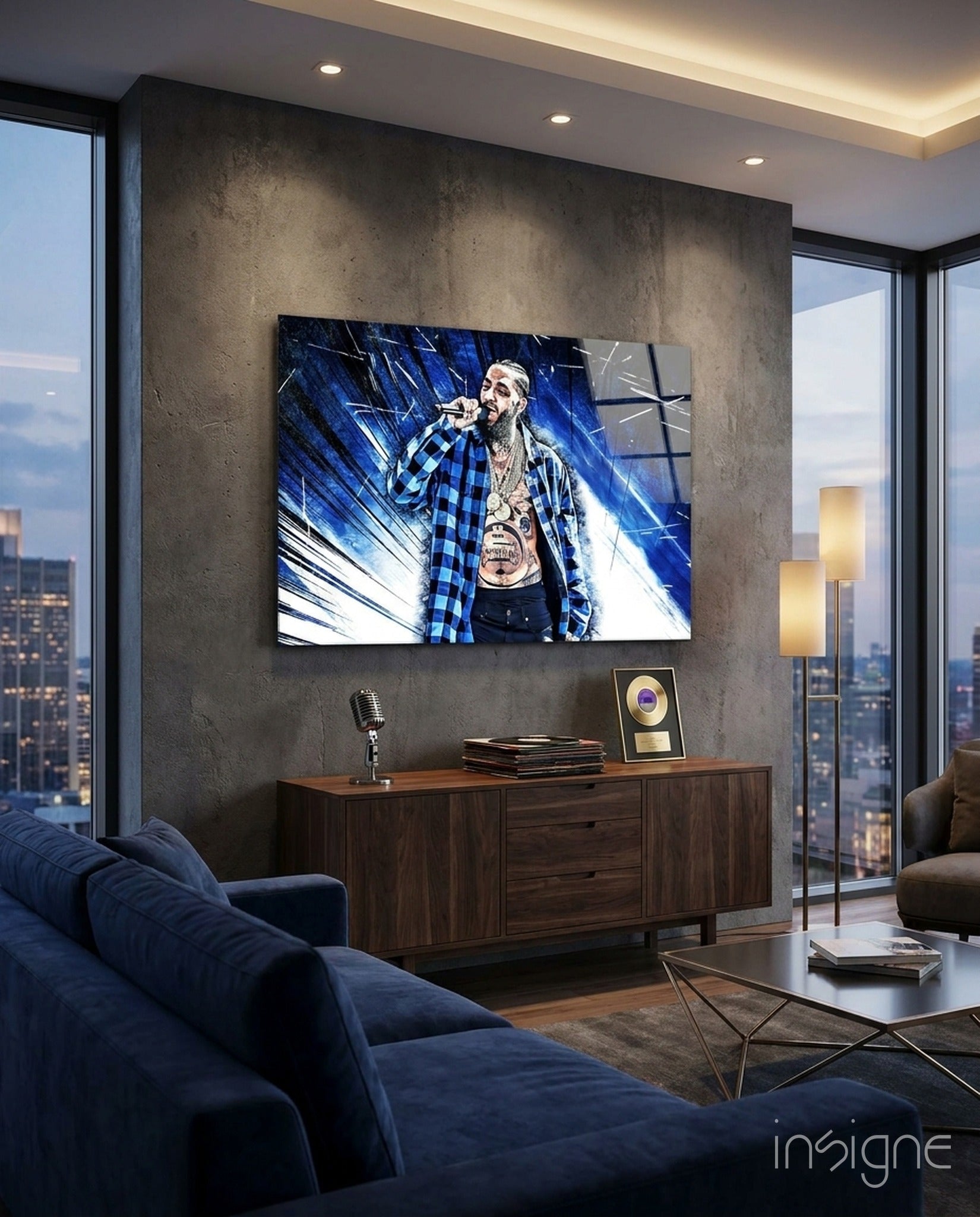 Blue Burst Plaid Shirt Rapper Glass Wall Art