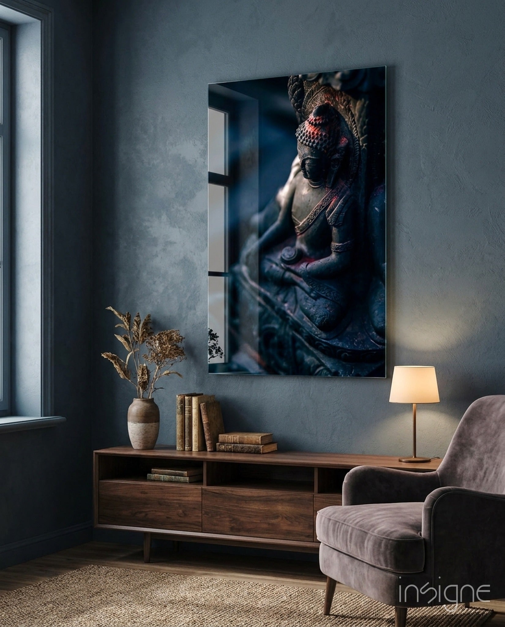 Moody Blue Deity Statue Glass Wall Art