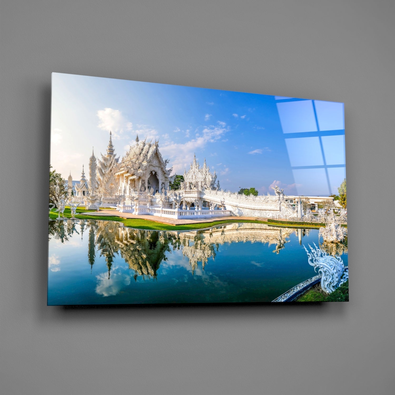 Elegant White Temple Reflection Glass Wall Art
