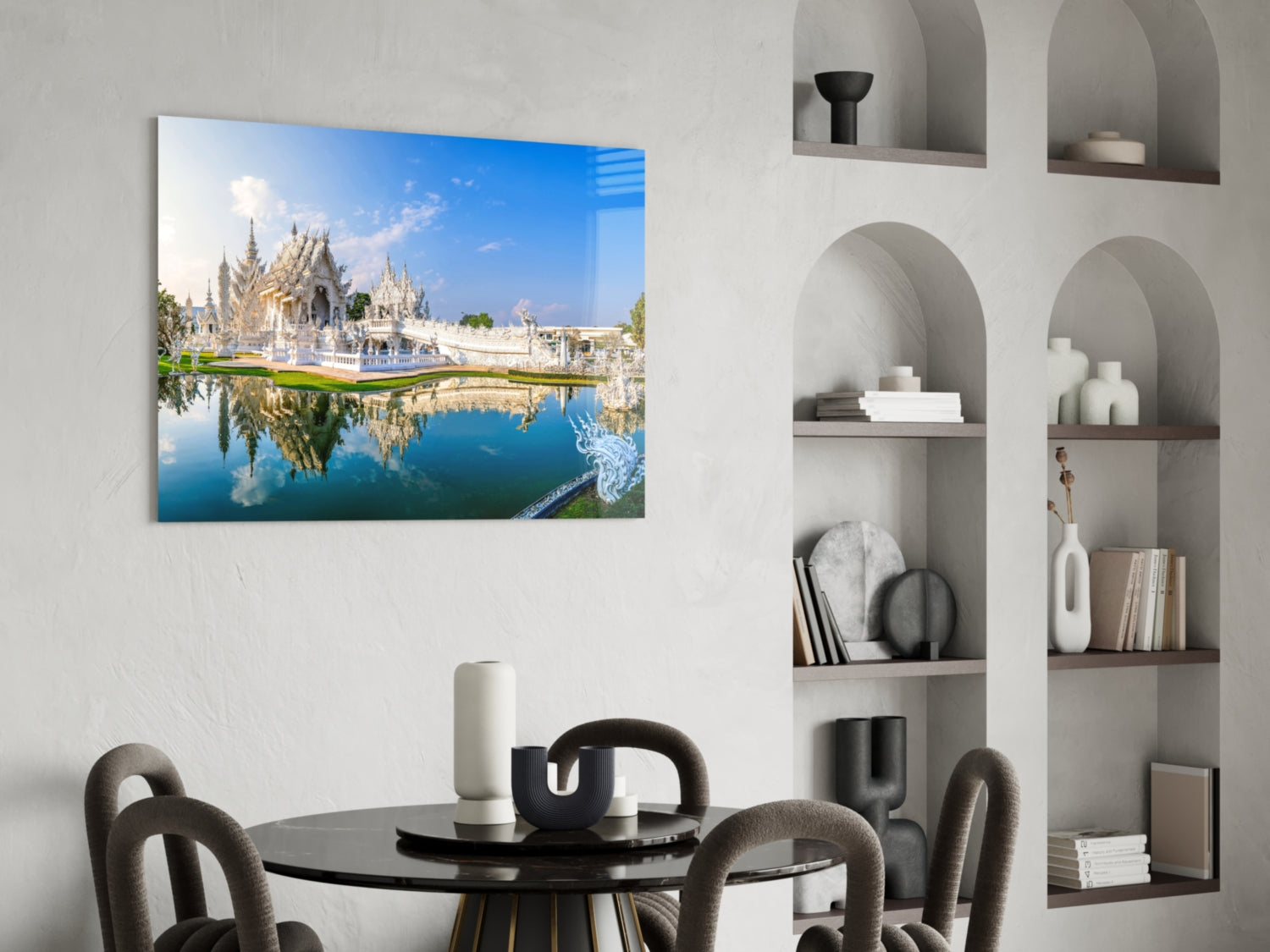 Elegant White Temple Reflection Glass Wall Art