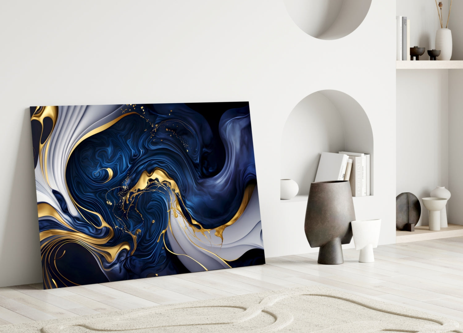 Elegant Gold Swirls on Midnight Blue Glass Wall Art