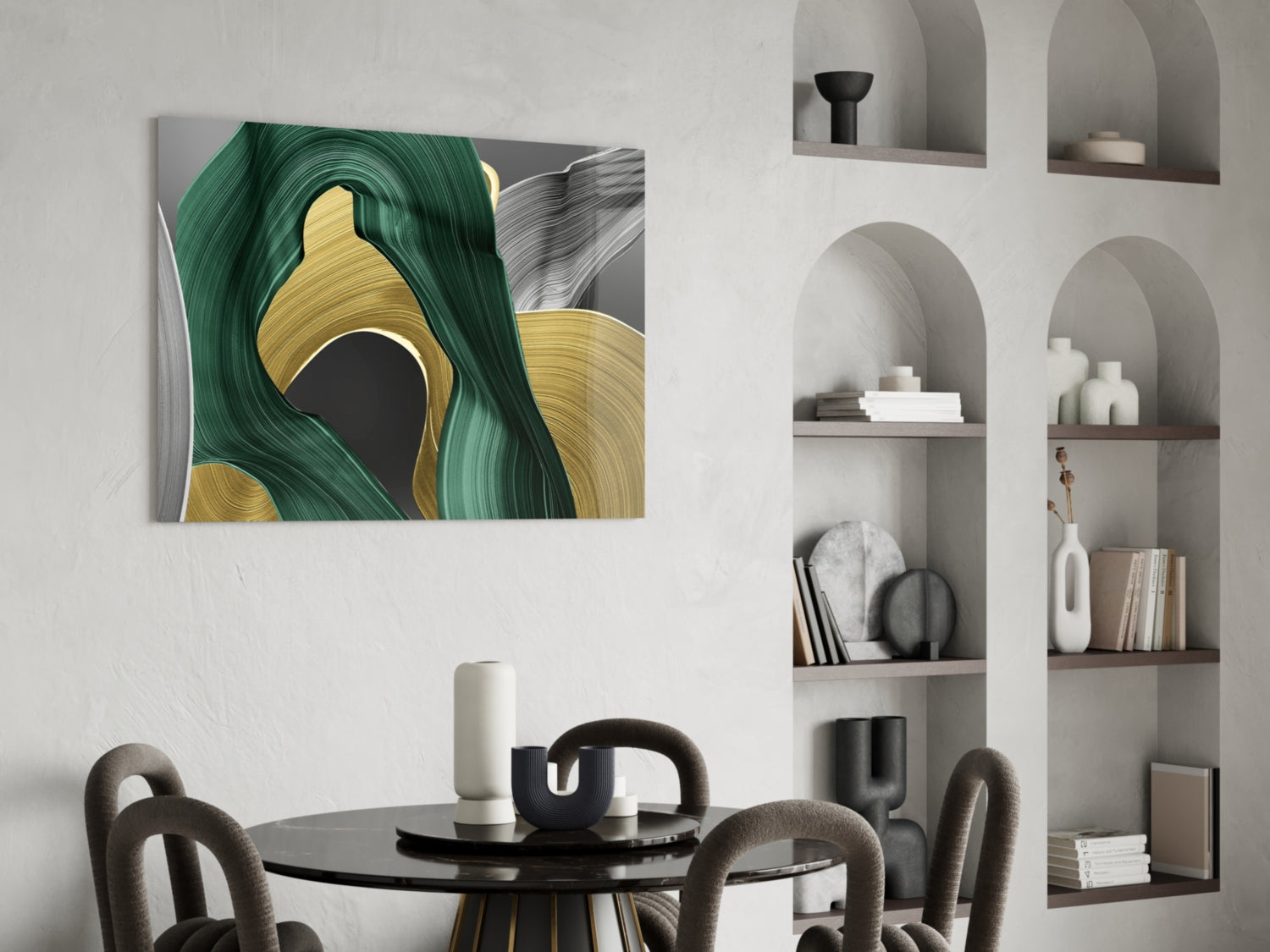 Elegant Swirls in Gold and Green Glass Wall Art