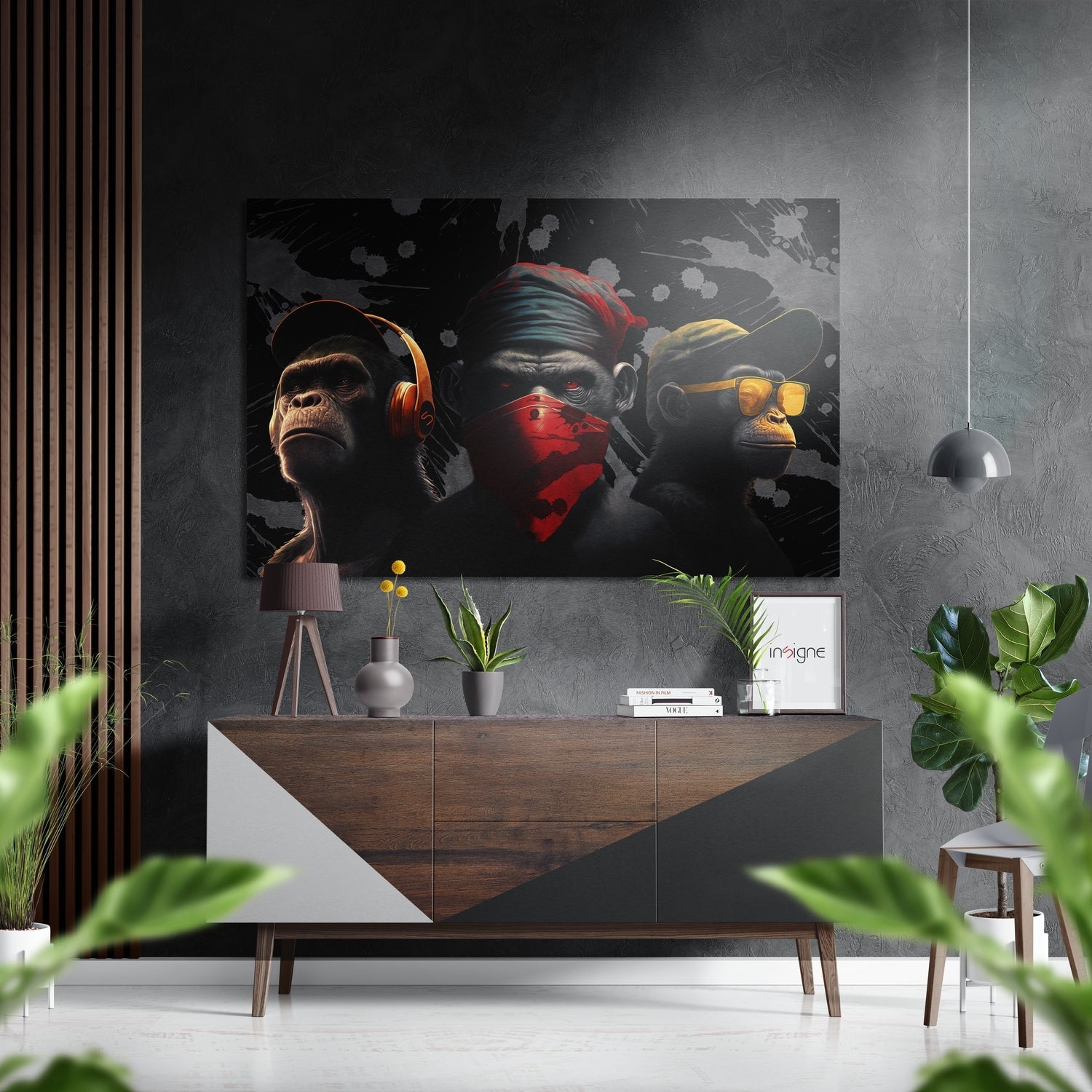White Paint Splatter Chimp Trio Brushed Aluminum Dibond Wall Art
