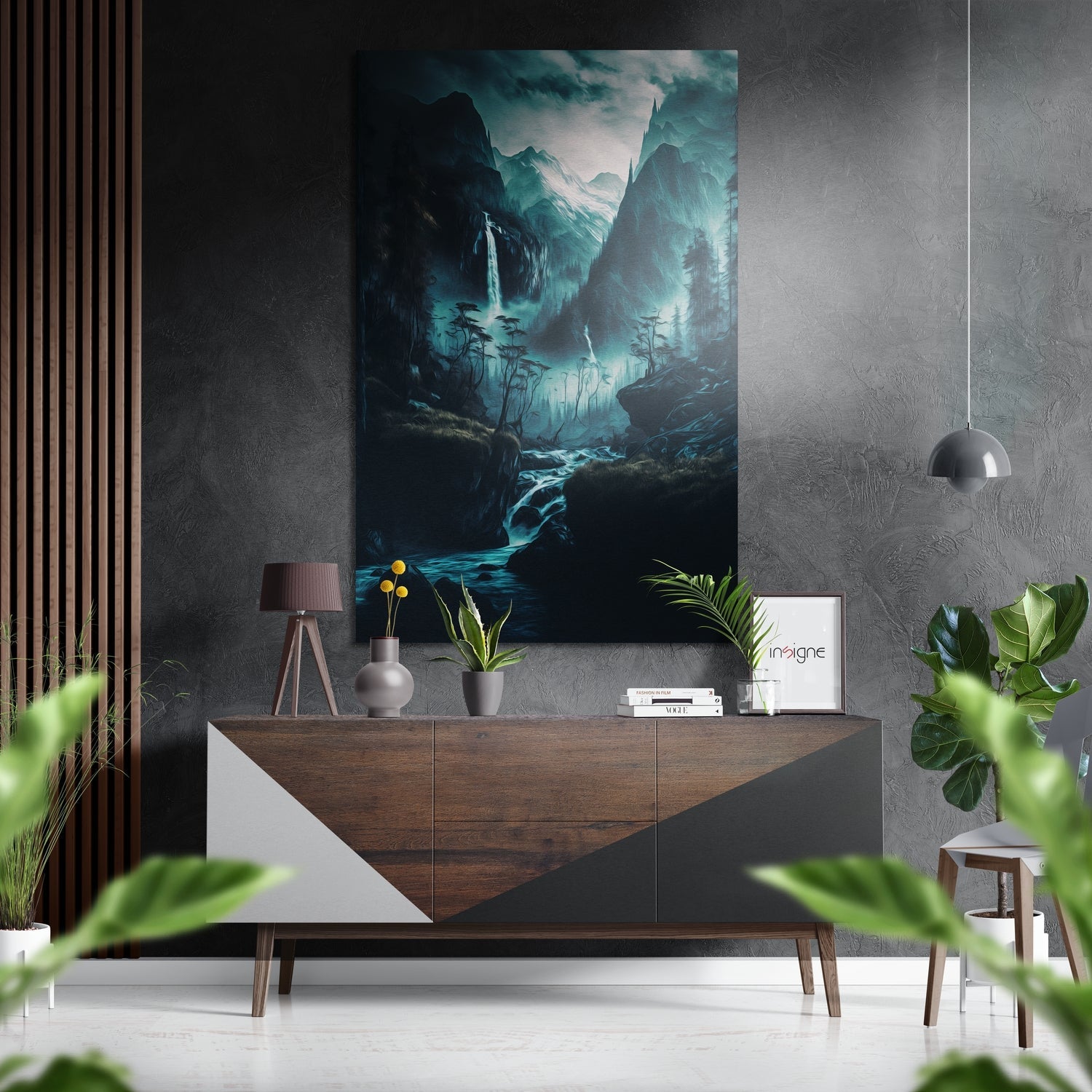 Misty Teal Valley Waterfall River Brushed Aluminum Dibond Wall Art