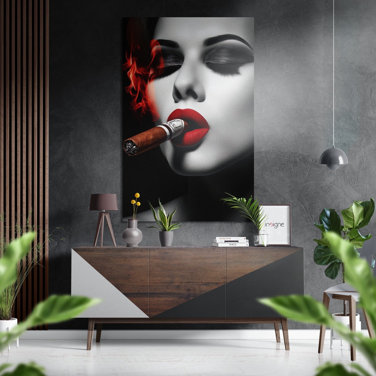 Red Smoke Cigar Woman Eyes Closed Brushed Aluminum Dibond Wall Art