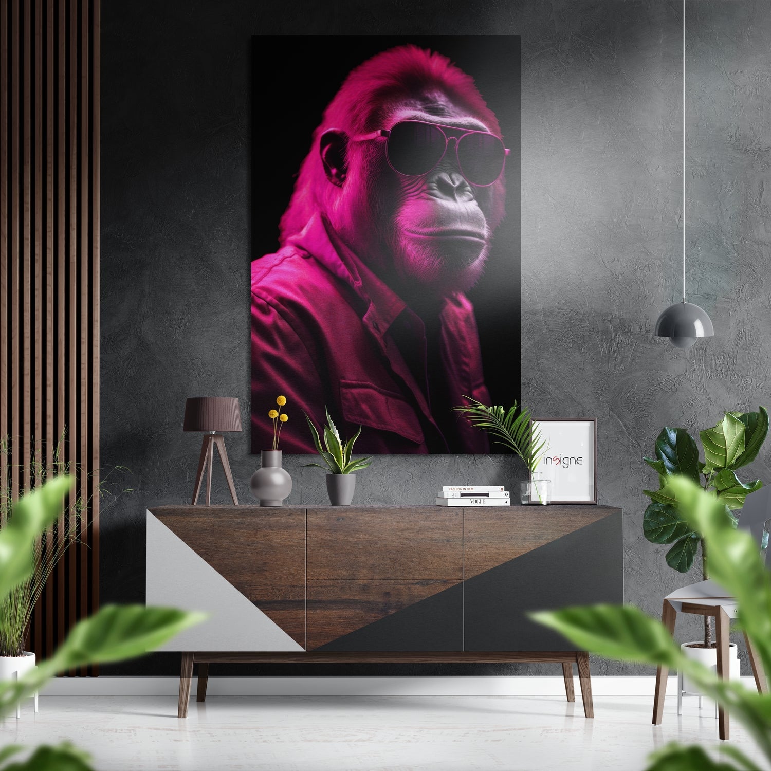 Hot Pink Suited Gorilla In Sunglasses Brushed Aluminum Dibond Wall Art