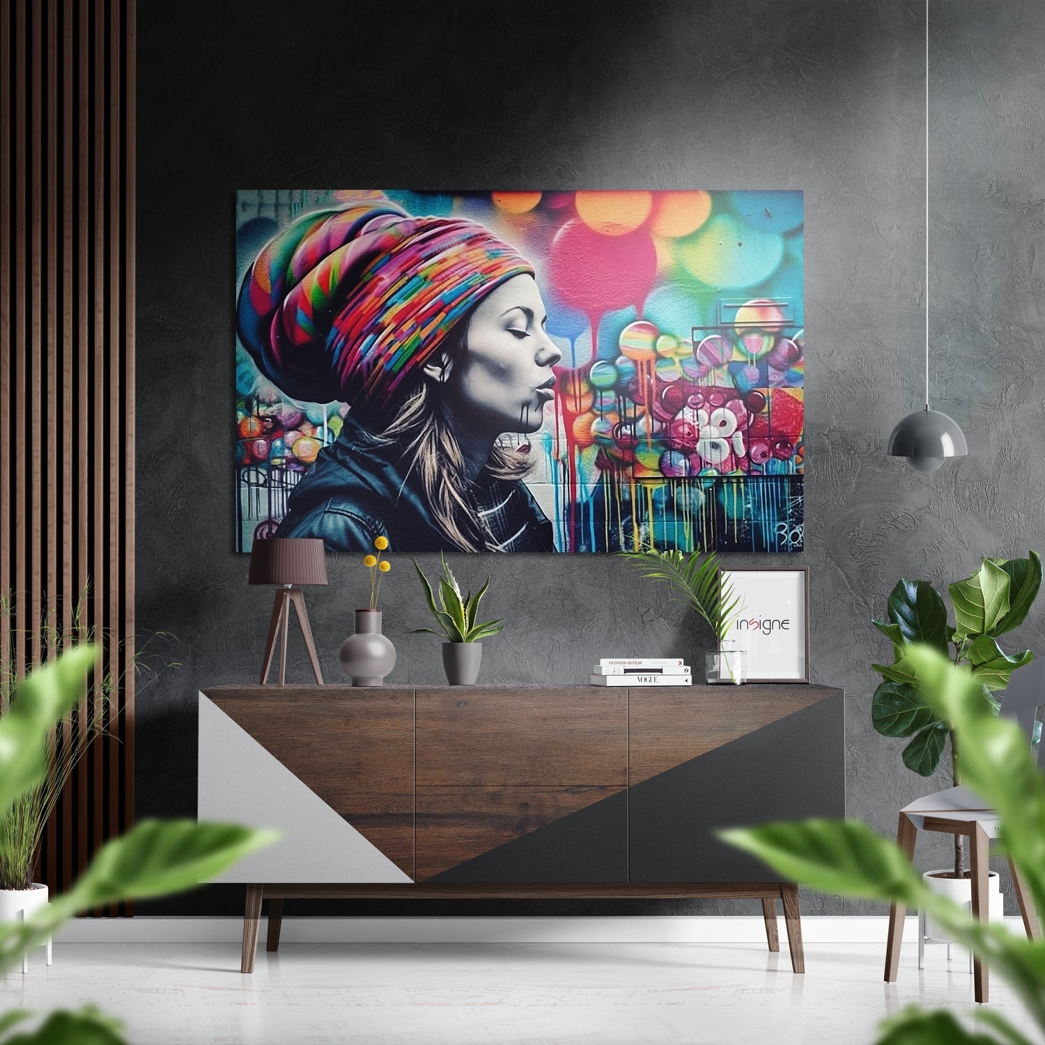 Rainbow Beanie Graffiti Woman Brushed Aluminum Dibond Wall Art