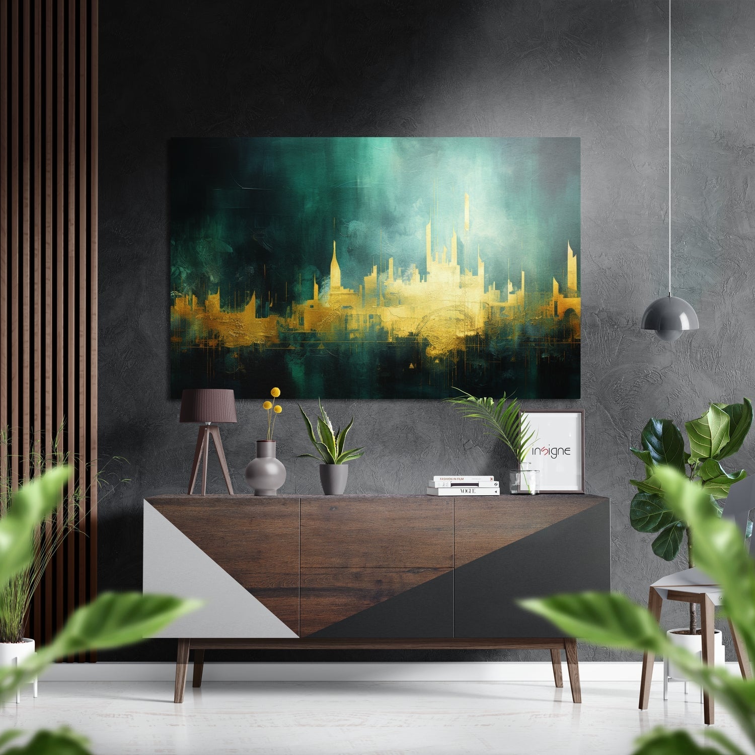 Golden Green City Skyline Brushed Aluminum Dibond Wall Art