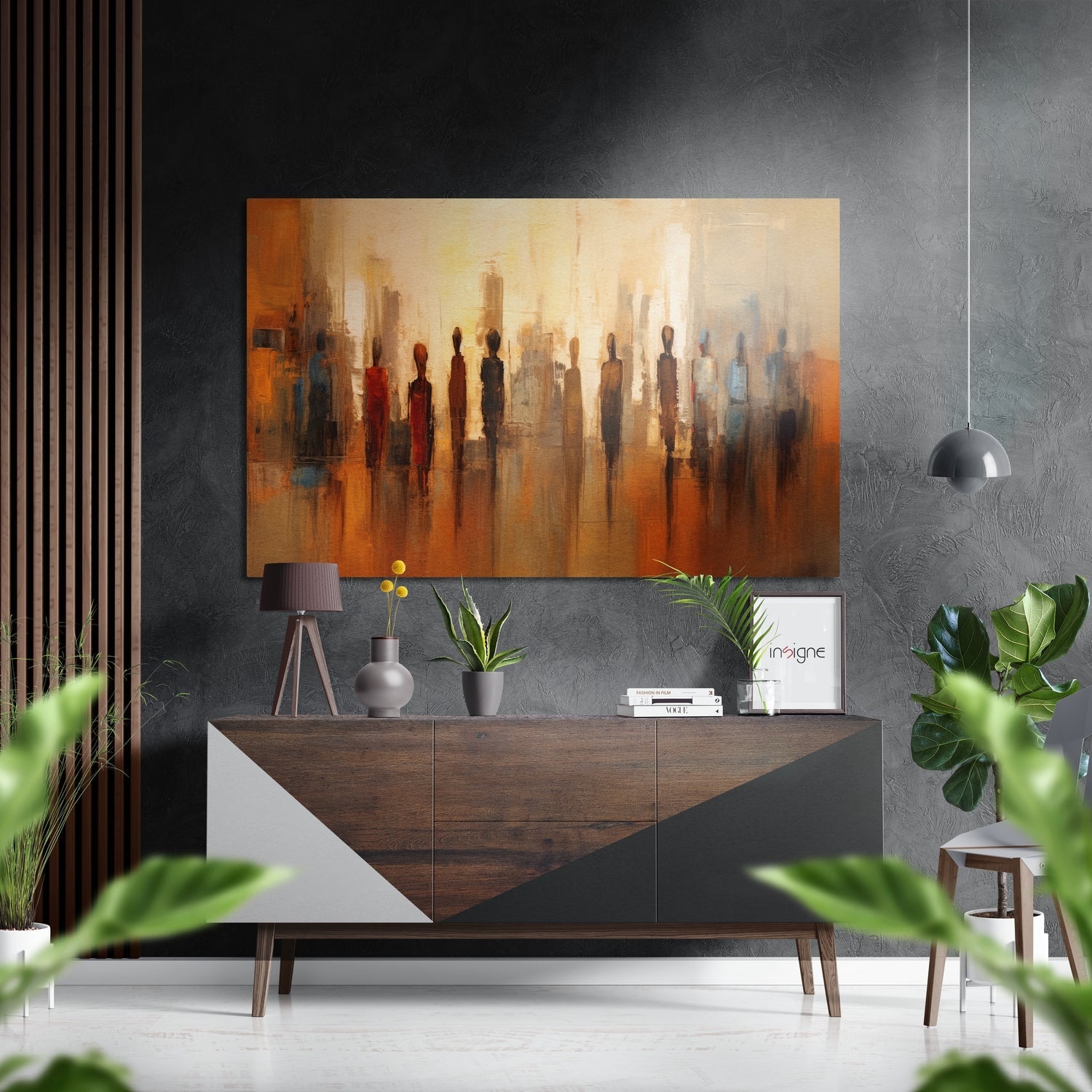 Amber Silhouette Crowd Skyline Brushed Aluminum Dibond Wall Art