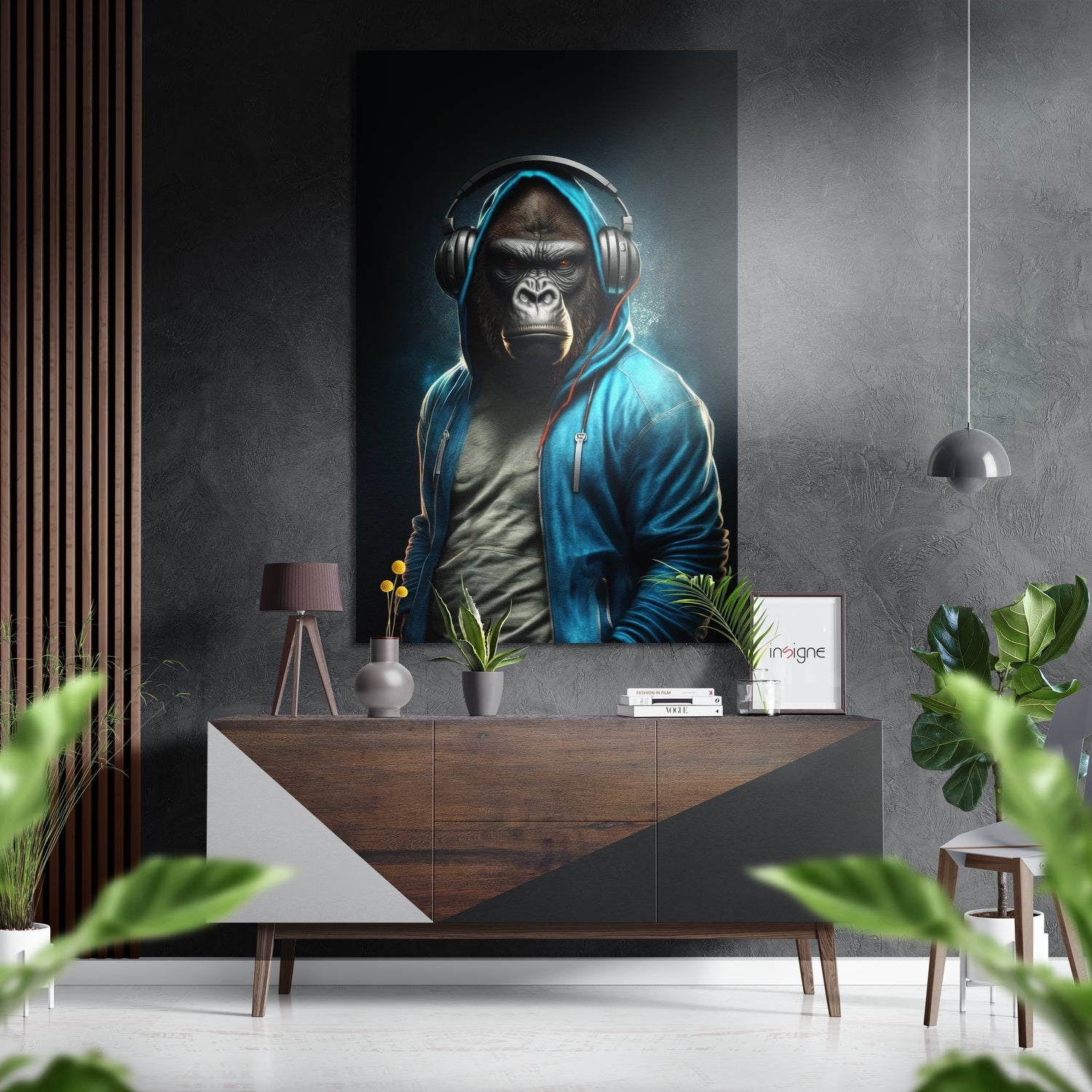 Blue Hoodie Gorilla With Headphones Brushed Aluminum Dibond Wall Art
