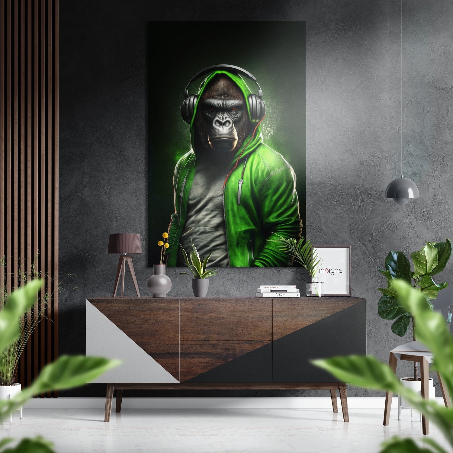 Green Hoodie Gorilla With Headphones Brushed Aluminum Dibond Wall Art