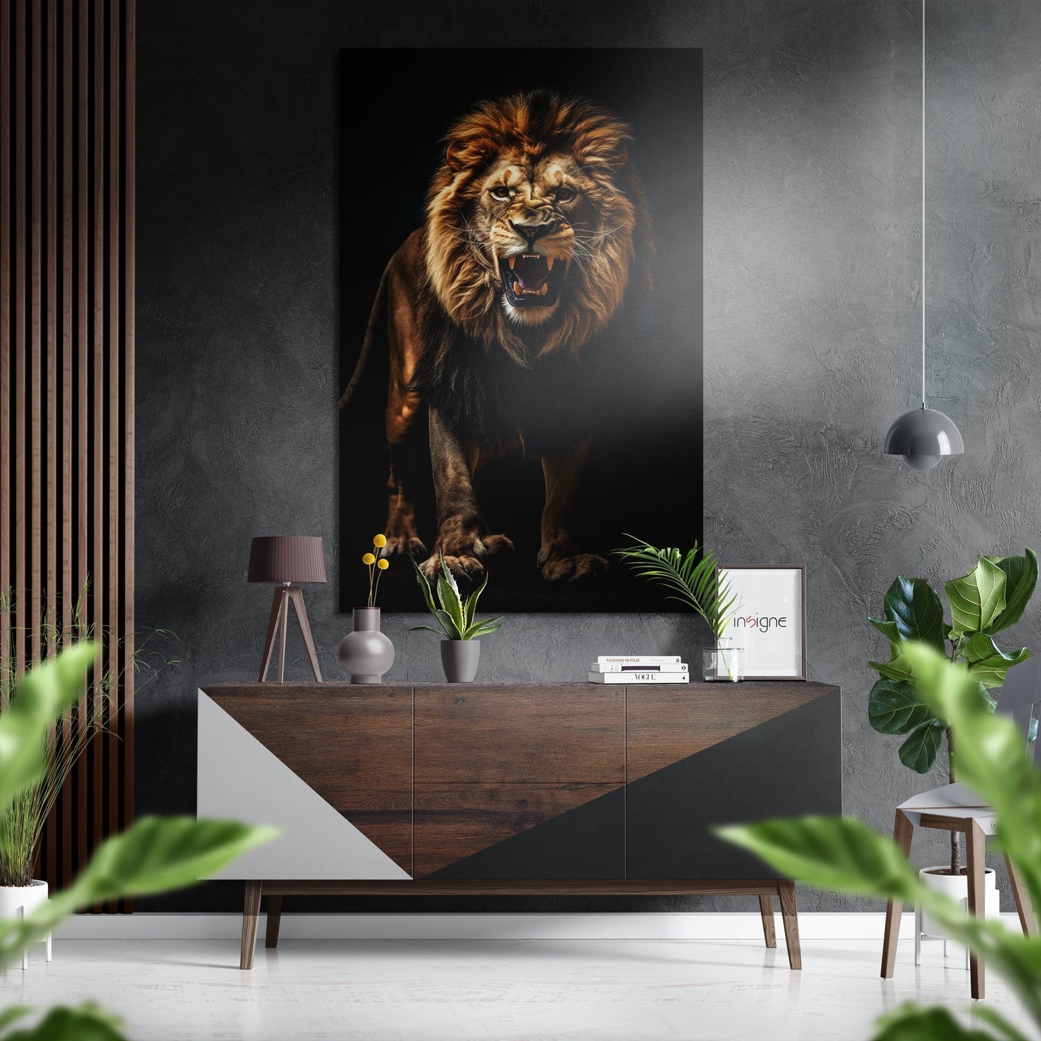 Roaring Lion in Darkness Brushed Aluminum Dibond Wall Art