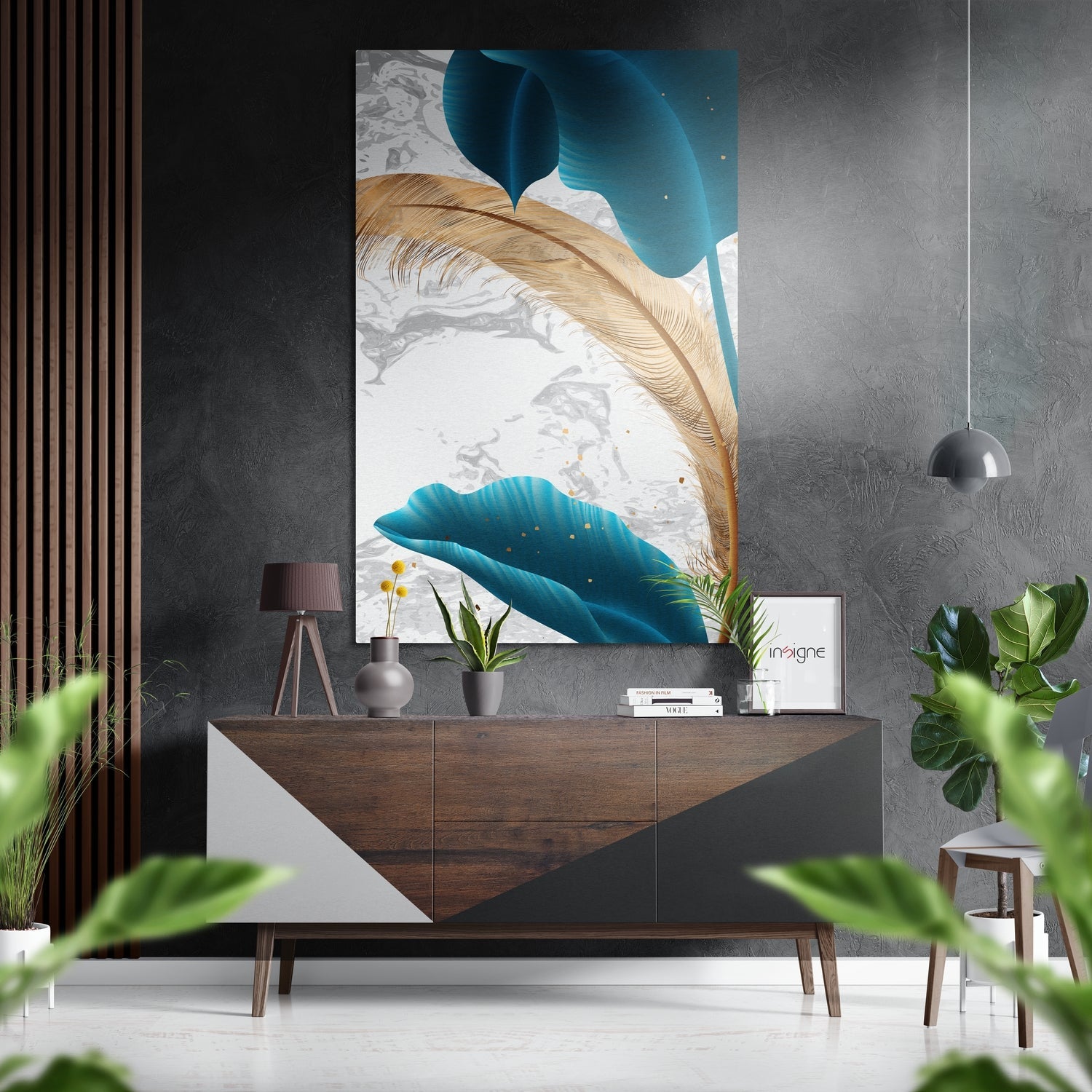 Teal Leaves With Golden Plume Brushed Aluminium Dibond Wall Art
