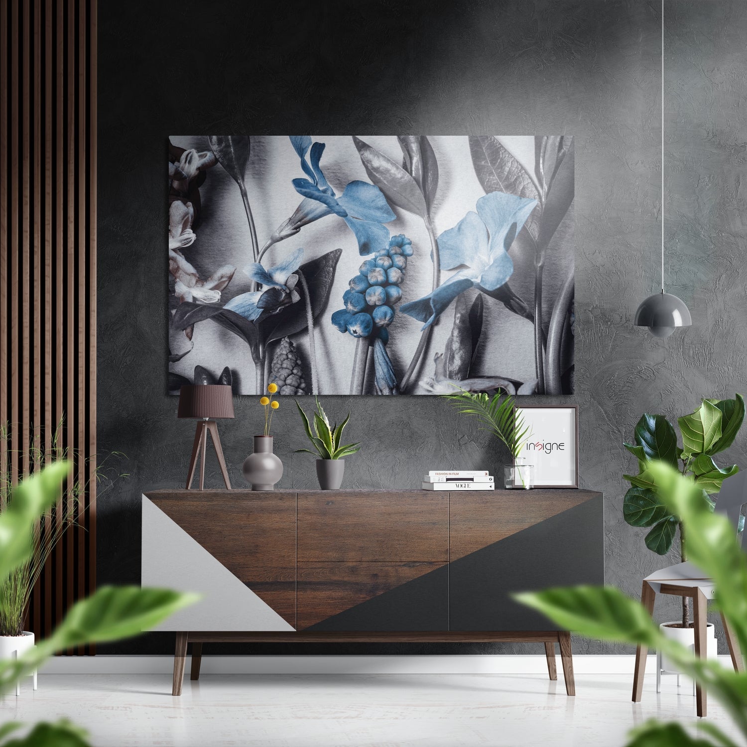 Steel Blue Blooms Gray Foliage Brushed Aluminium Dibond Wall Art