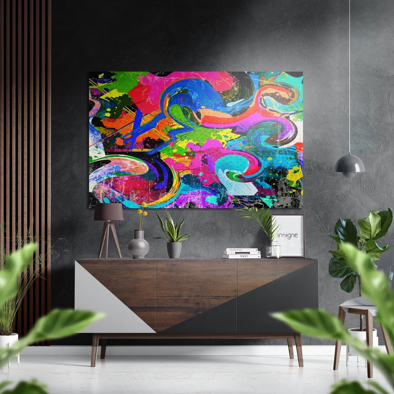 Neon Graffiti Swirl Splatter Brushed Aluminium Dibond Wall Art