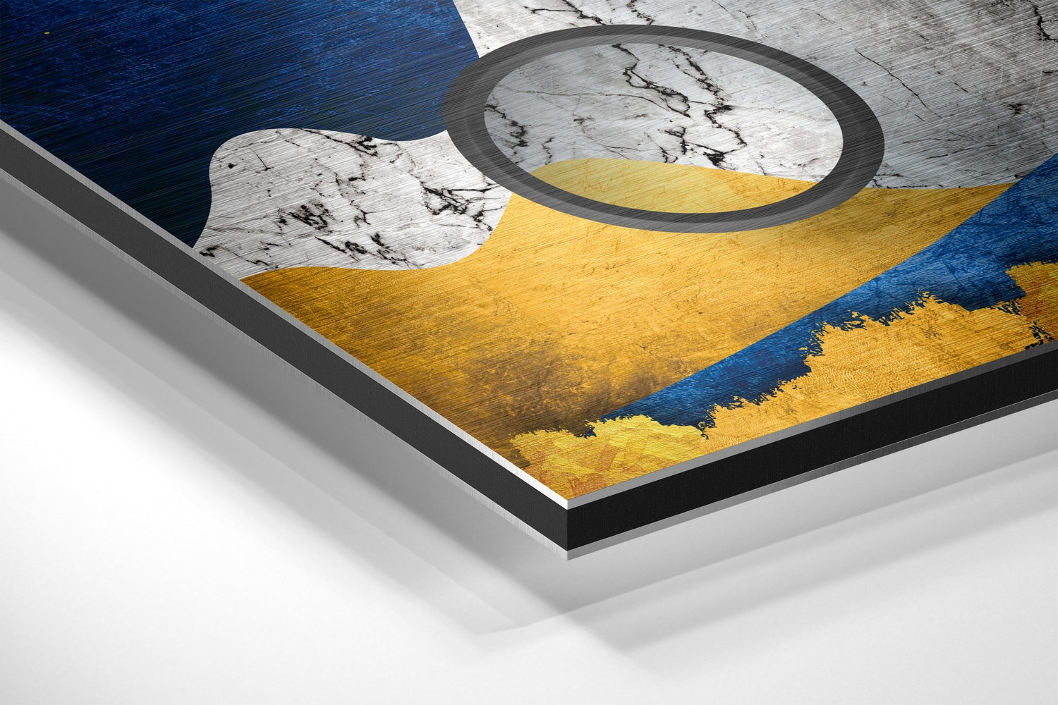 Blue Gold Mountains Circle Rings Brushed Aluminium Dibond Wall Art