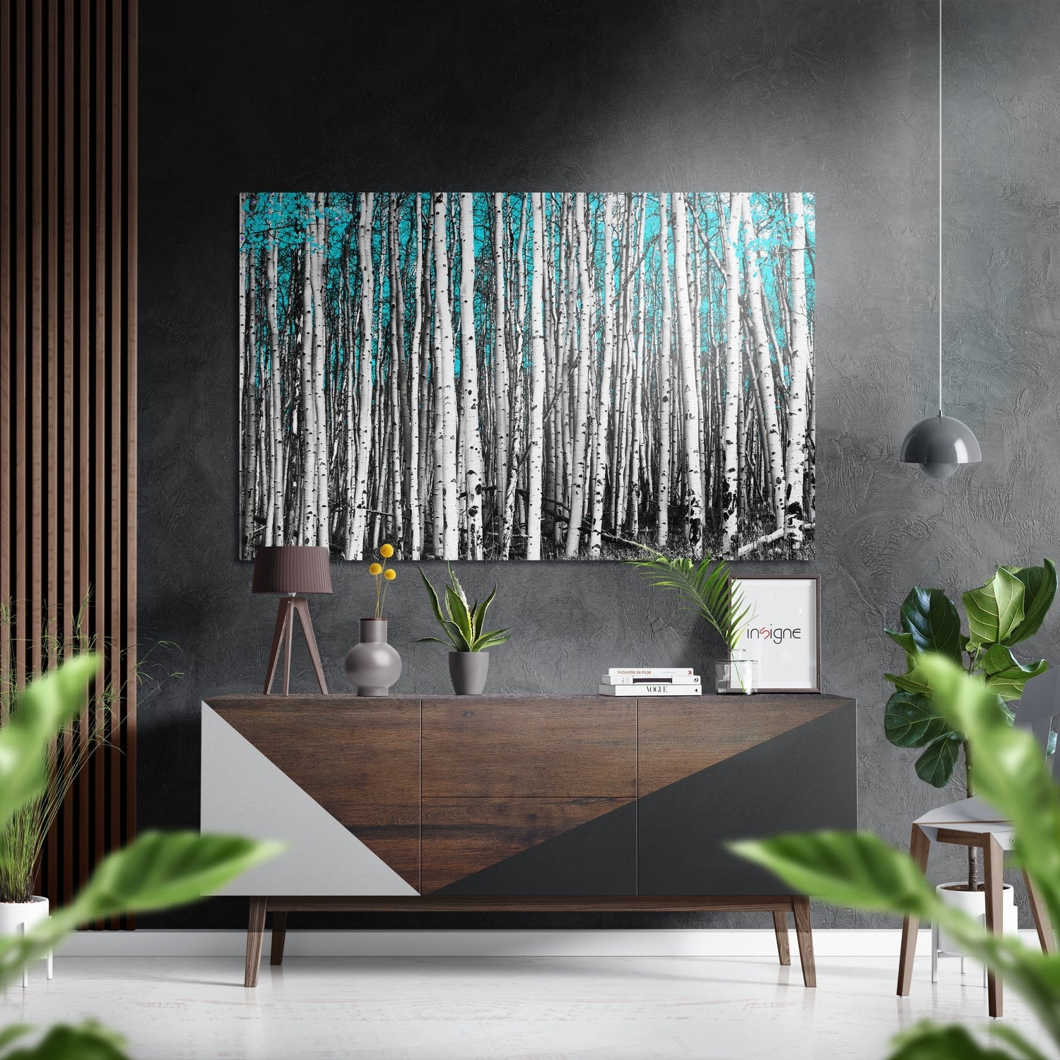 White Birch Trunks With Turquoise Leaves Brushed Aluminium Dibond Wall Art