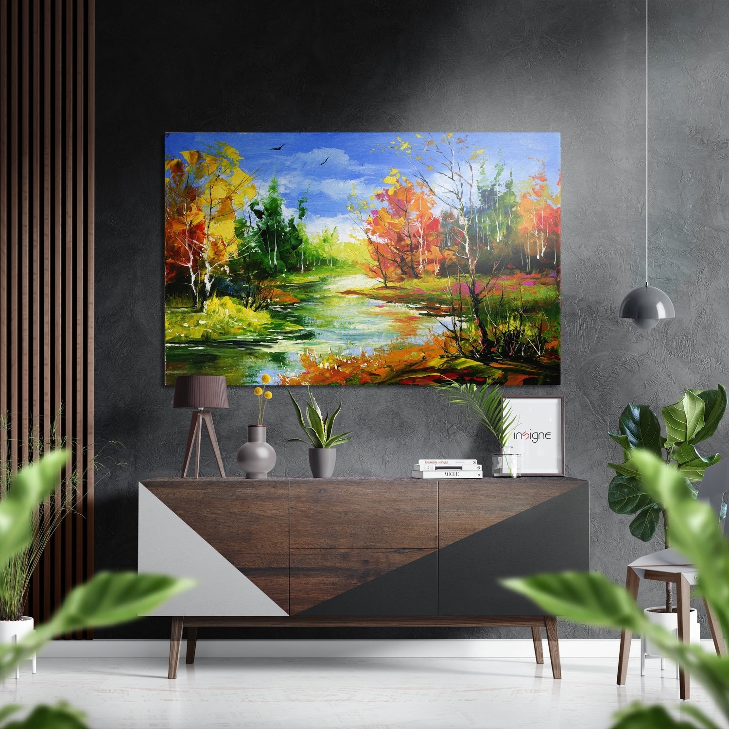 Painted Autumn Forest Creek Brushed Aluminium Dibond Wall Art
