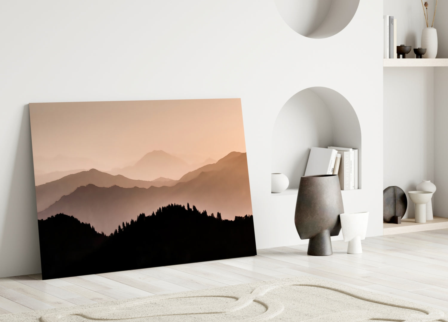 Sepia Layered Ridges and Pine Forest Glass Wall Art