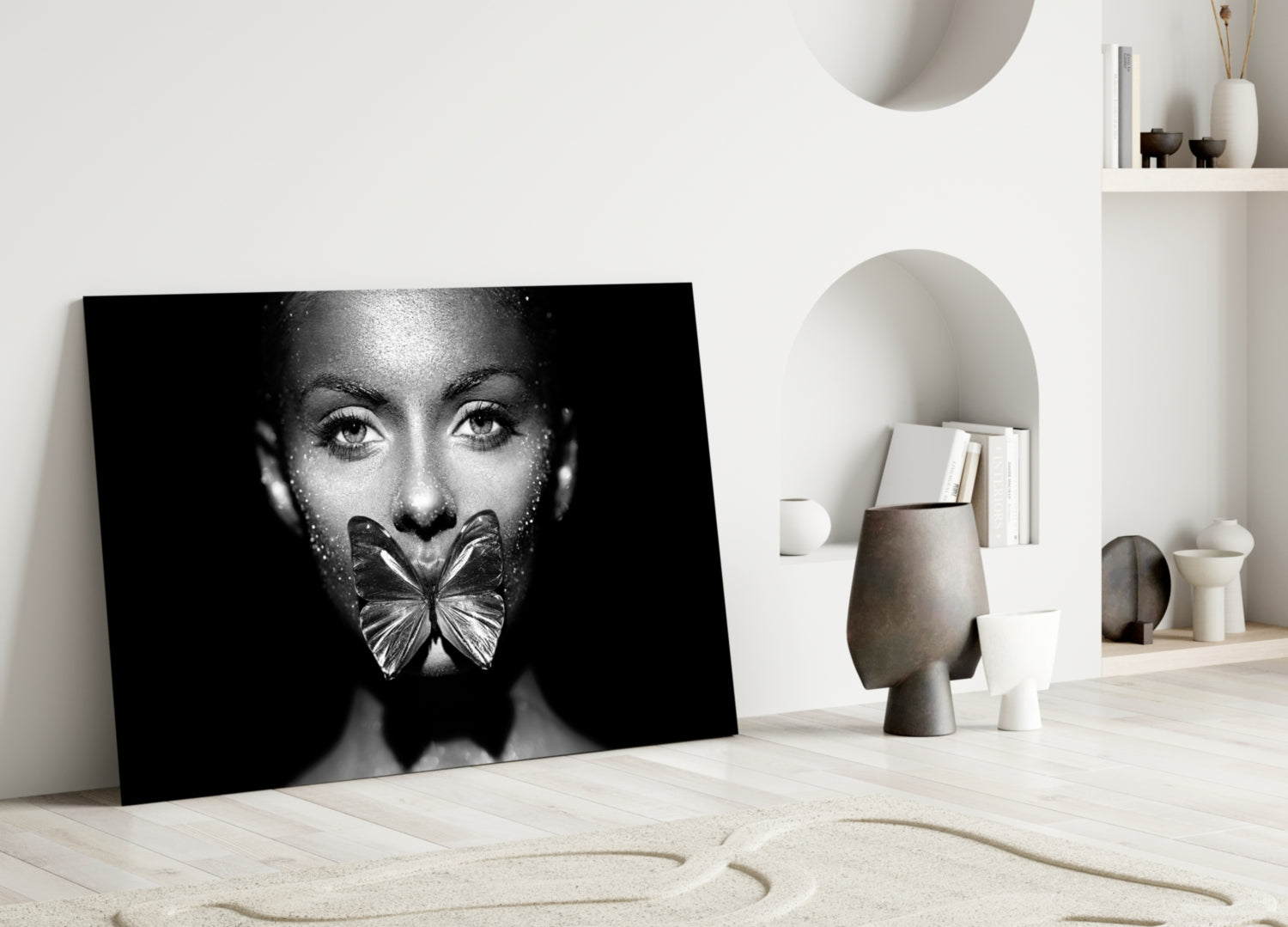 Silver Butterfly Over Lips Portrait Glass Wall Art