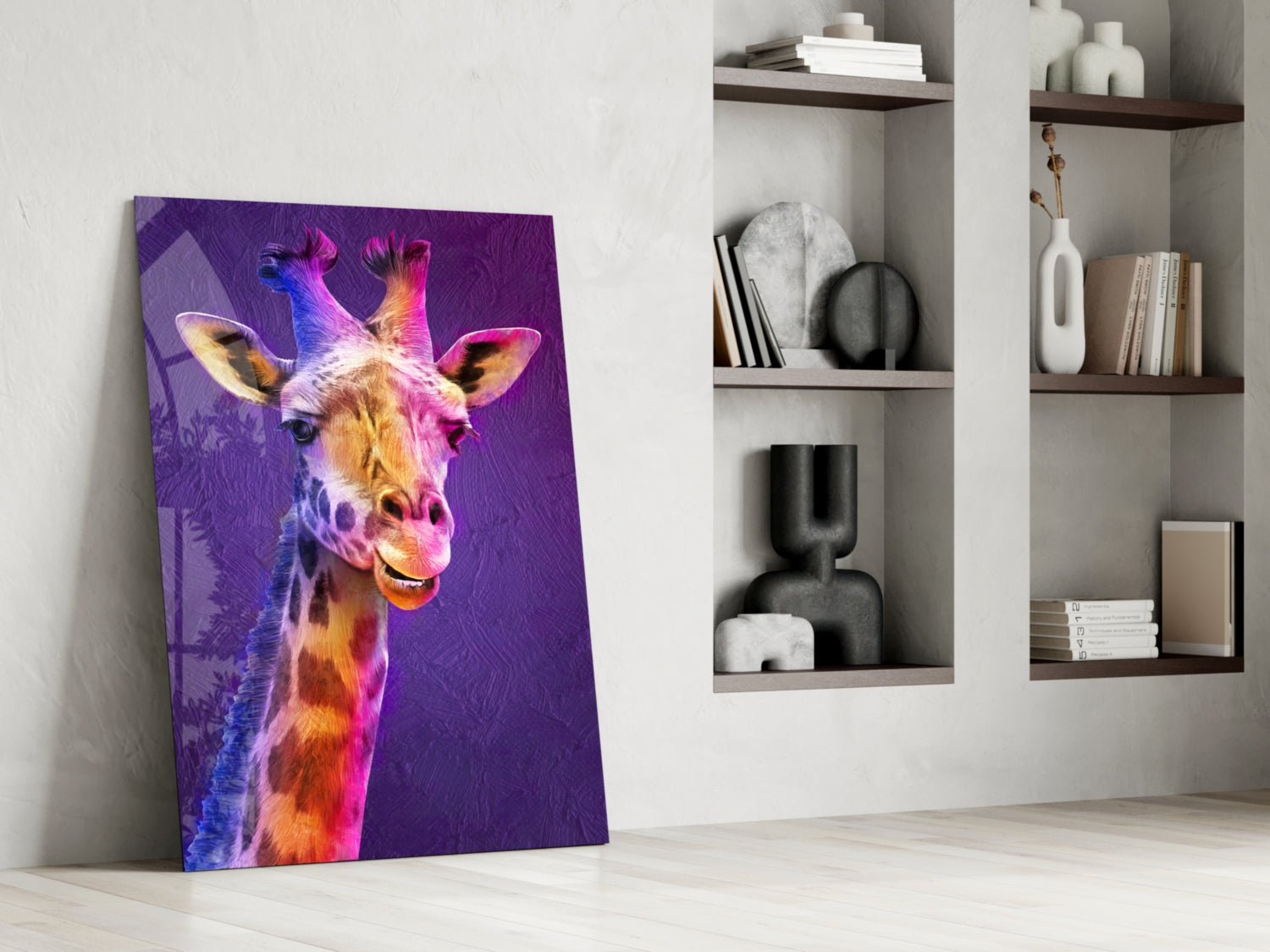 Purple Pink Painted Giraffe Glass Wall Art