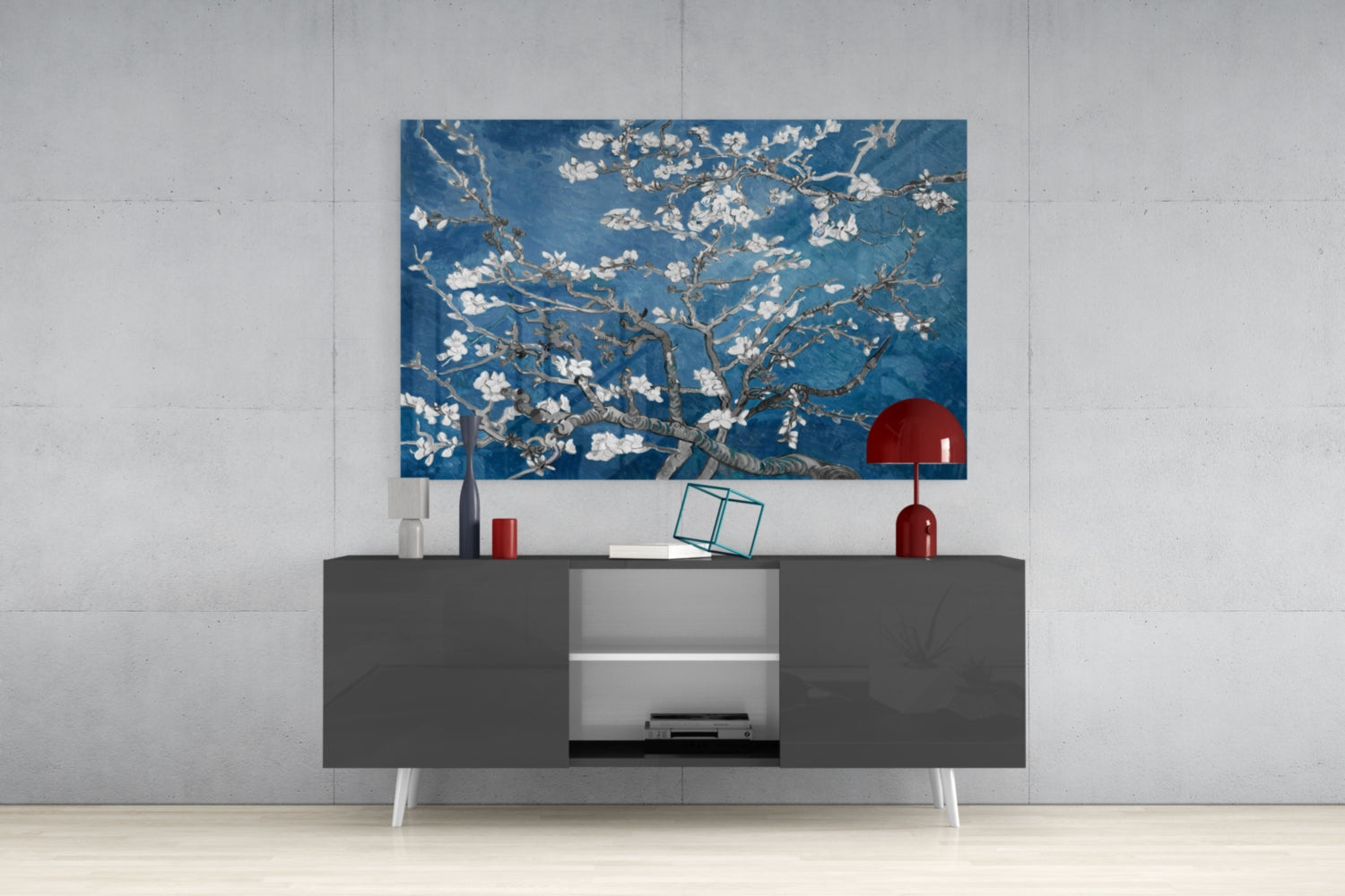 White Blossoms on Deep Blue Glass Wall Art