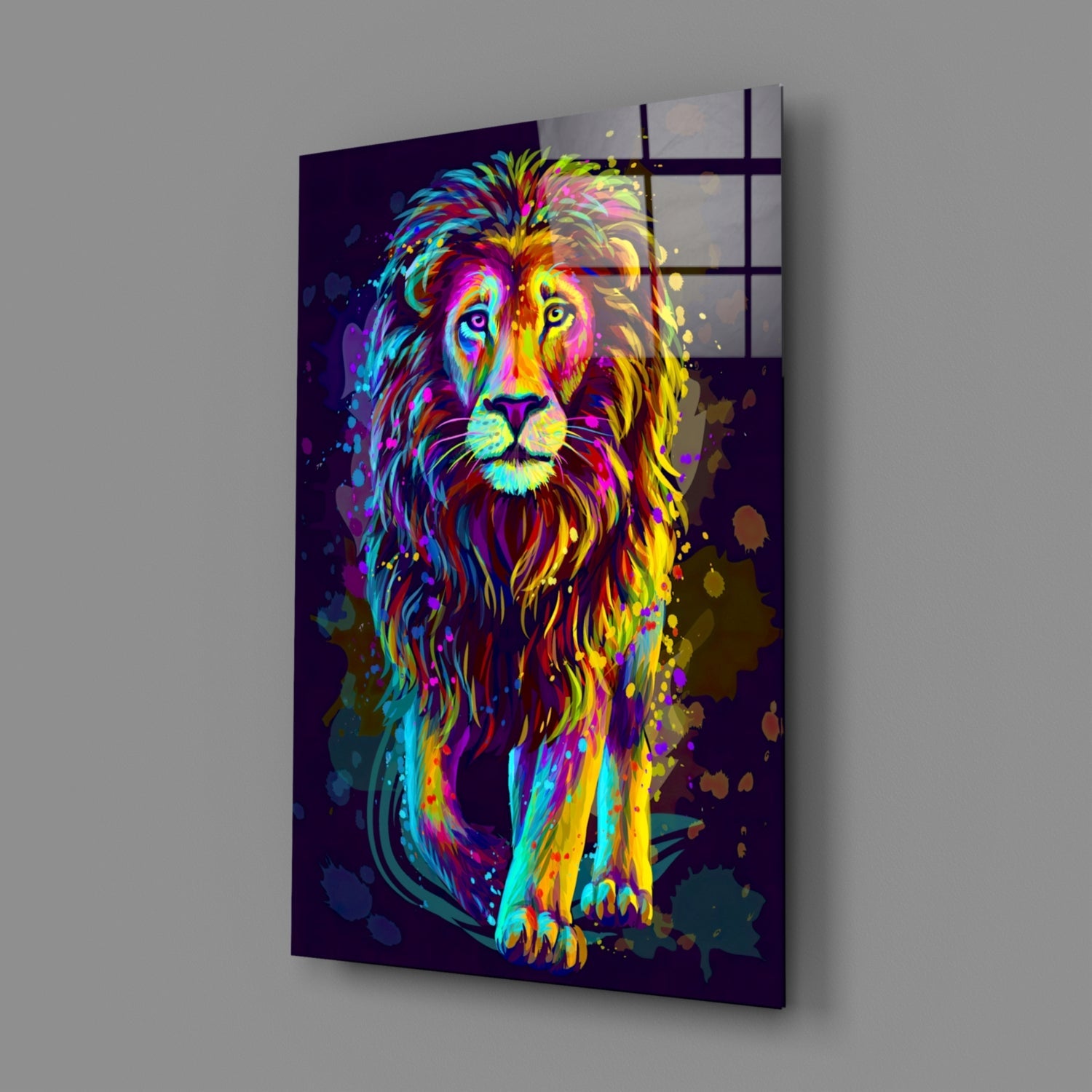 Neon Rainbow Standing Lion Glass Wall Art